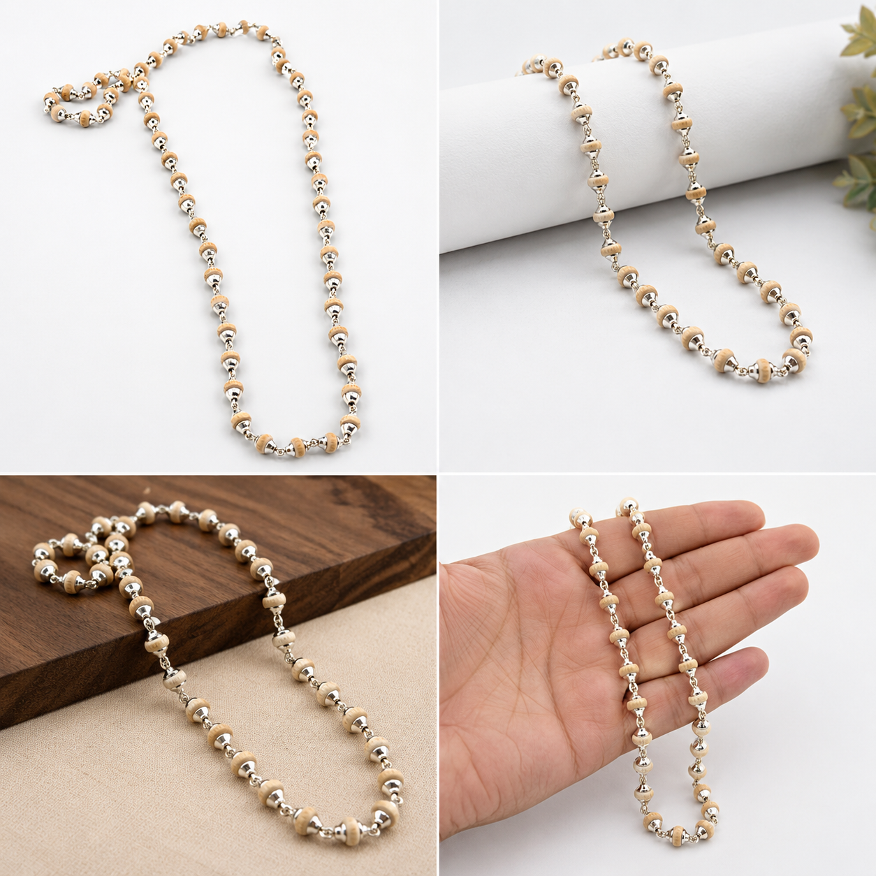 A beaded chain necklace with alternating metallic gold and cream beads, shown in four views: on a white background, draped over a white cylinder, on a wooden surface, and draped over a hand to show scale.