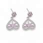 A pair of silver-toned dangle earrings featuring a small round cluster of pink stones at the top and a larger open heart-shaped drop with a central pink floral motif surrounded by clear stones, shown on a plain white background.