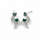 A pair of silver-toned dangle earrings with heart-shaped green gemstone accents and small clear stones, shown on a plain white background.