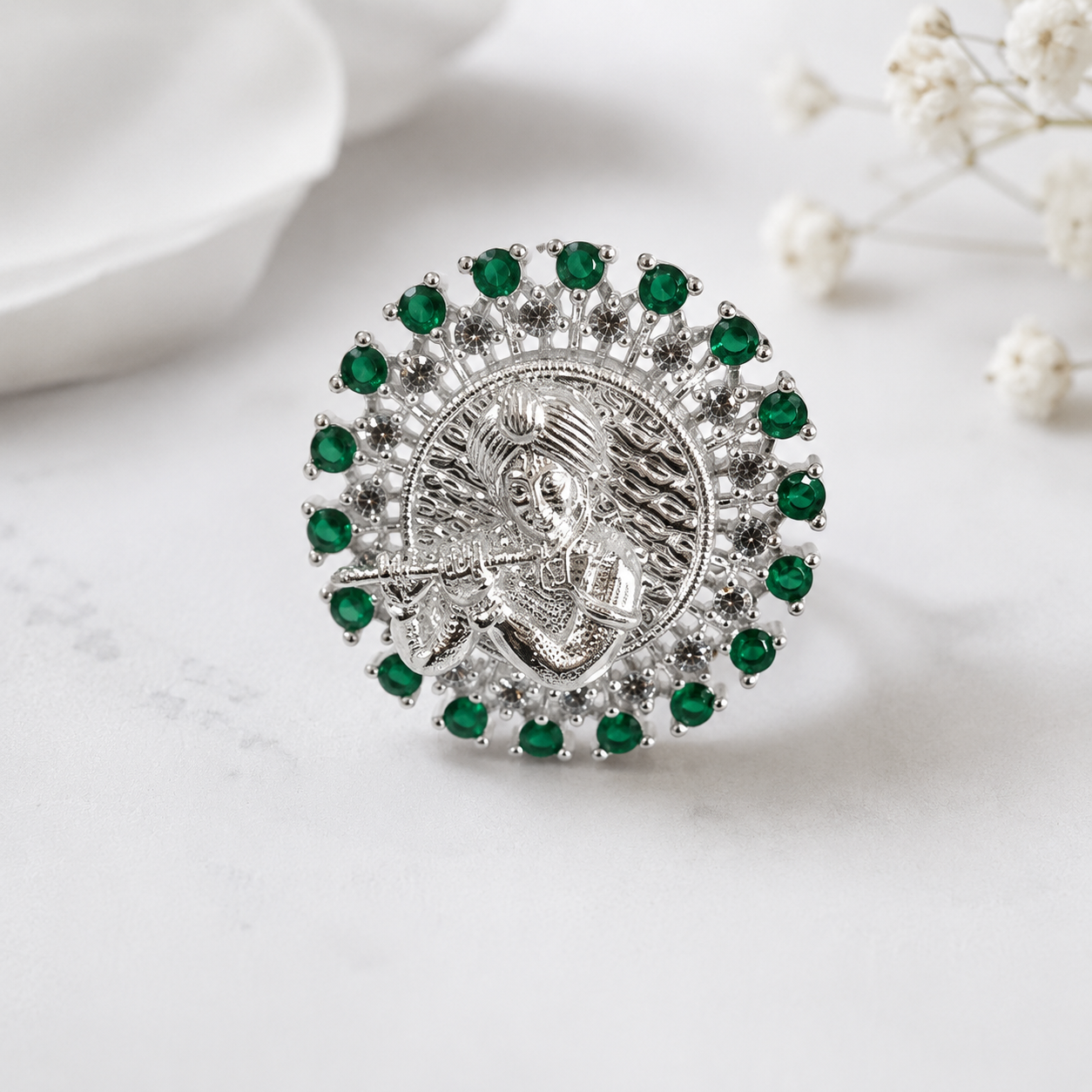 Lord Krishna Design Silver Ring