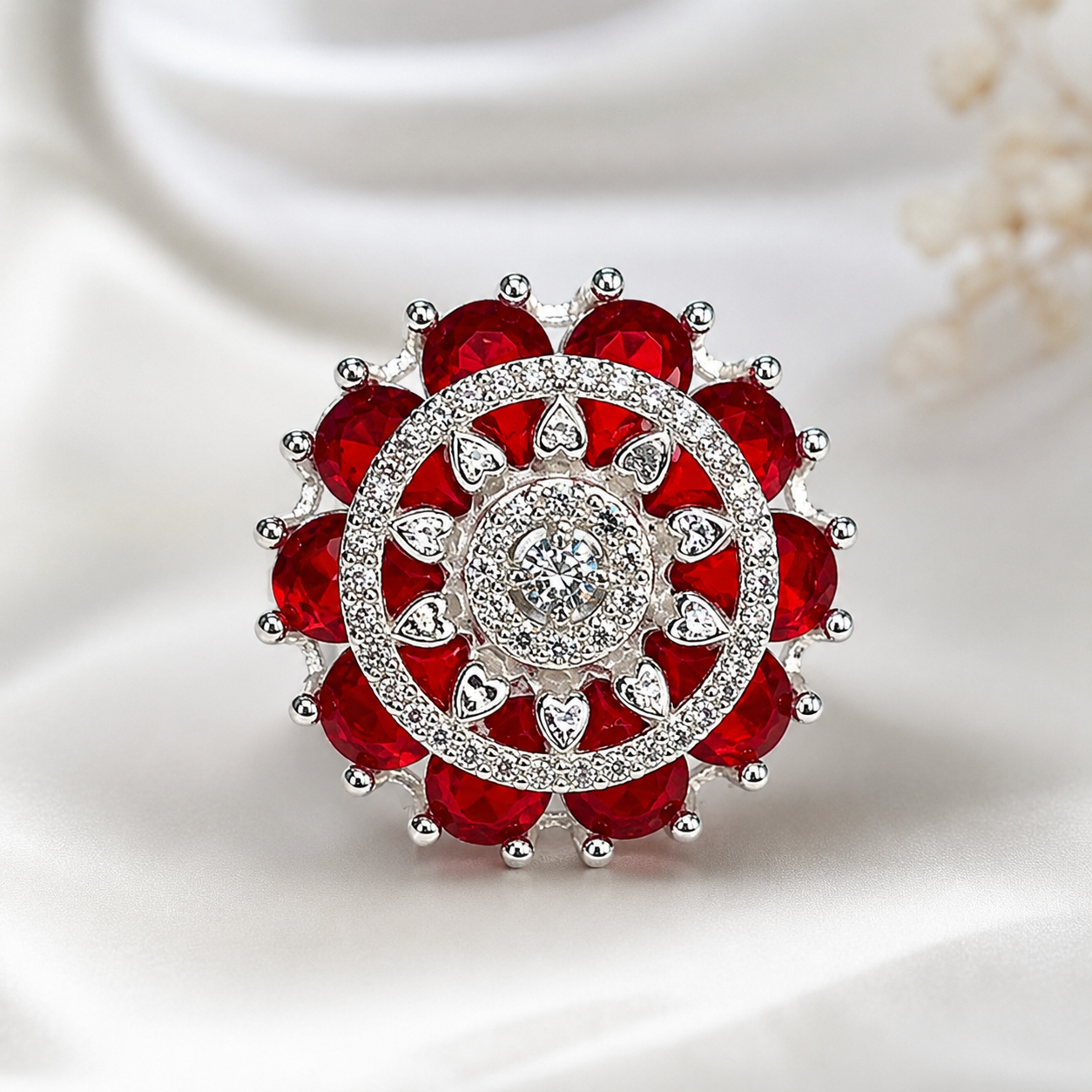 Revolving Silver Ring with Red Gemstones