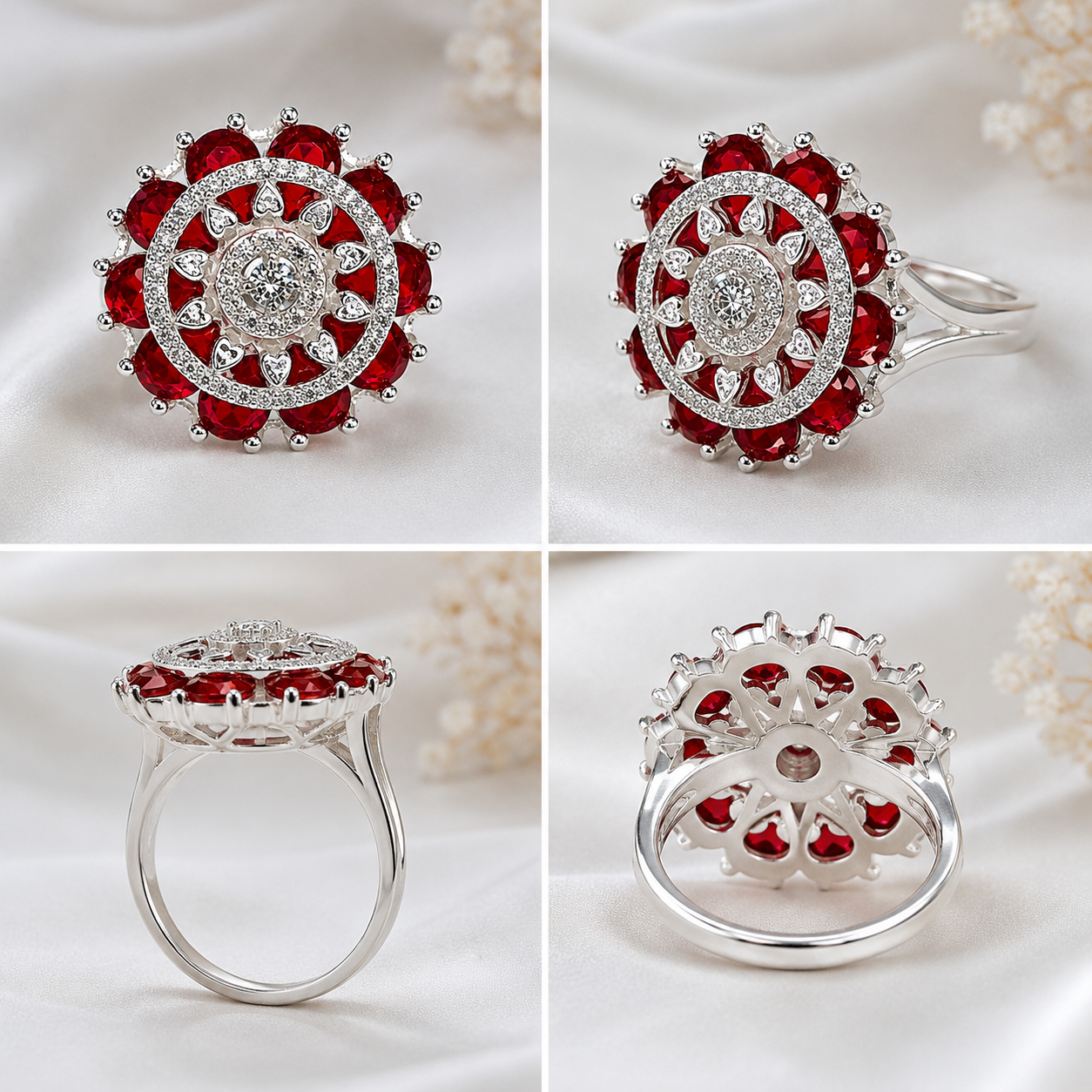 Revolving Silver Ring with Red Gemstones