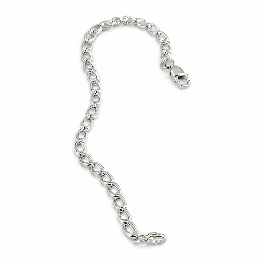 A silver-toned metal chain link bracelet with a lobster clasp, displayed on a clean white background.